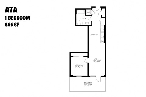 Floor plan for 1 bed, 1 bath, 666 sqft